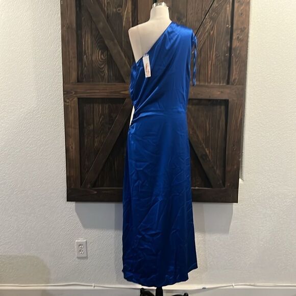 PRETTYGARDEN  One Shoulder Satin Slit High Long Cocktail Wedding Guest Dress - Picture 9 of 15